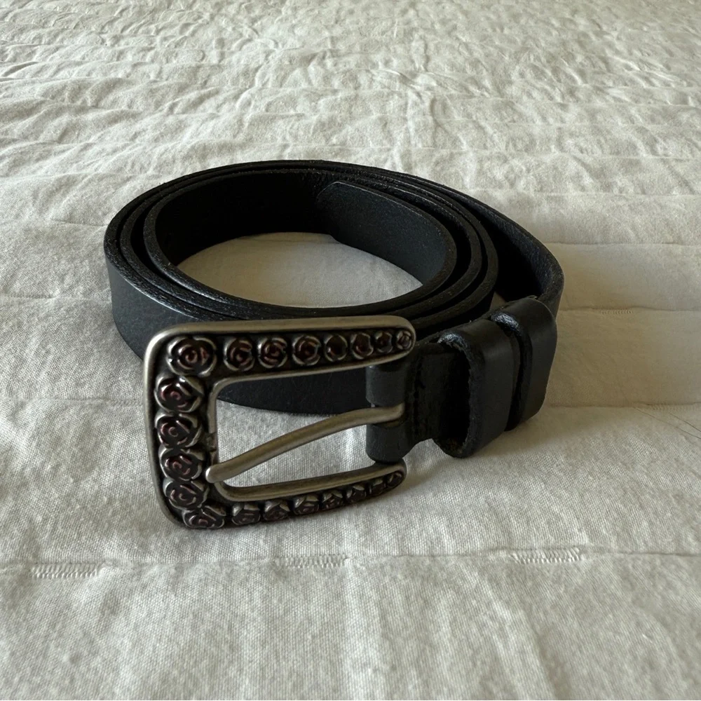 Martin Dingman bridle Leather Belt black rose buckle silver size 38